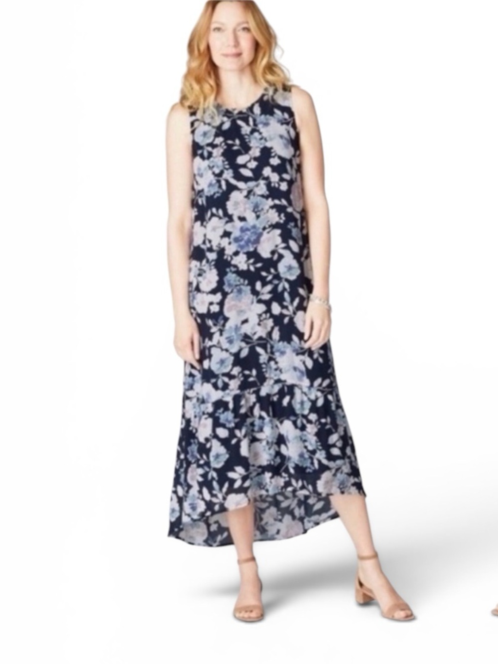 J. Jill Floral Sleeveless High-Low Maxi Dress Navy Blue Rayon XL